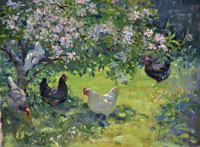 31 Apple blossom and hens Oil on board 9x12 inches